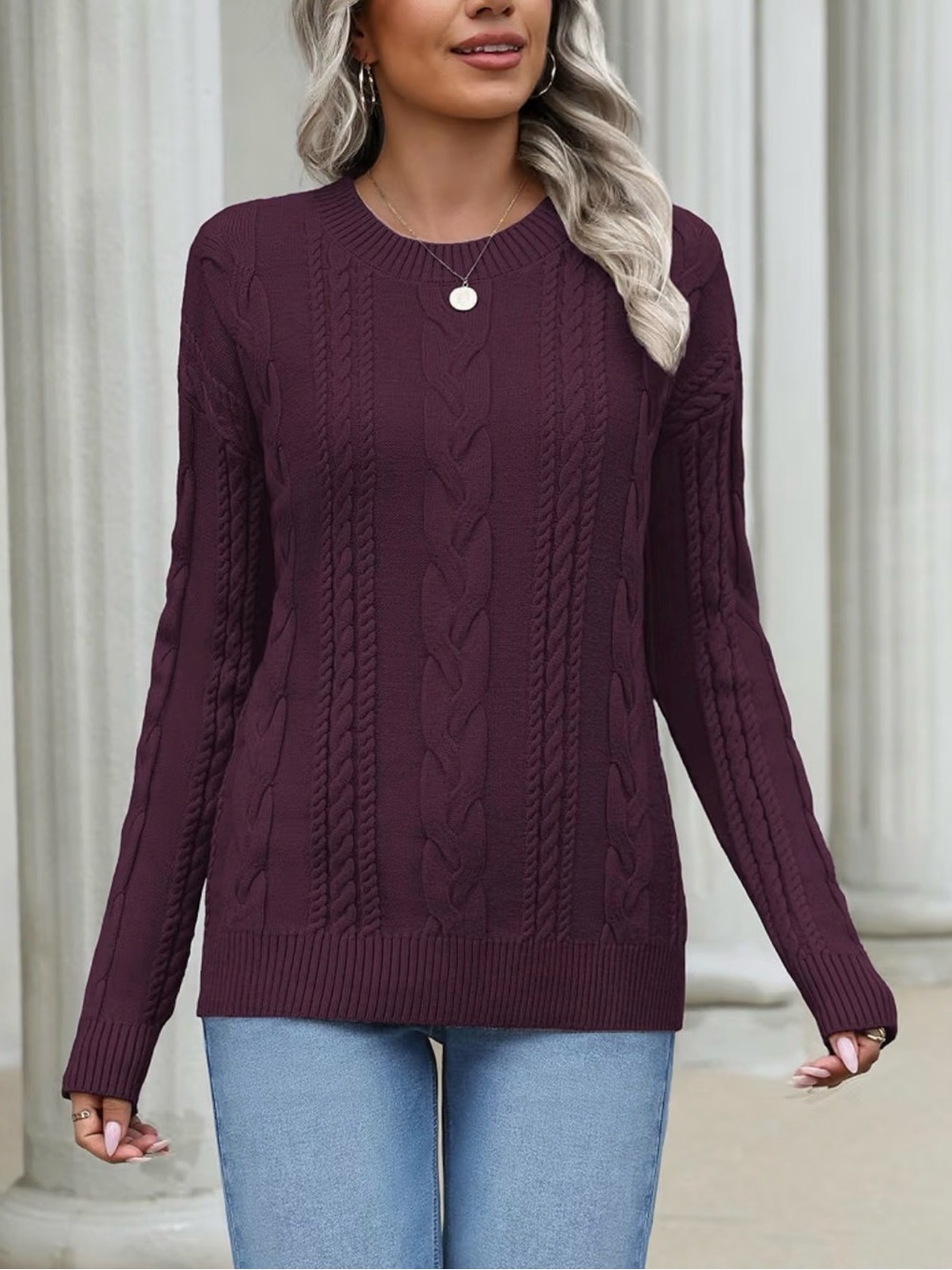 Women's Cable Knit Crewneck Sweater - Deep Plum